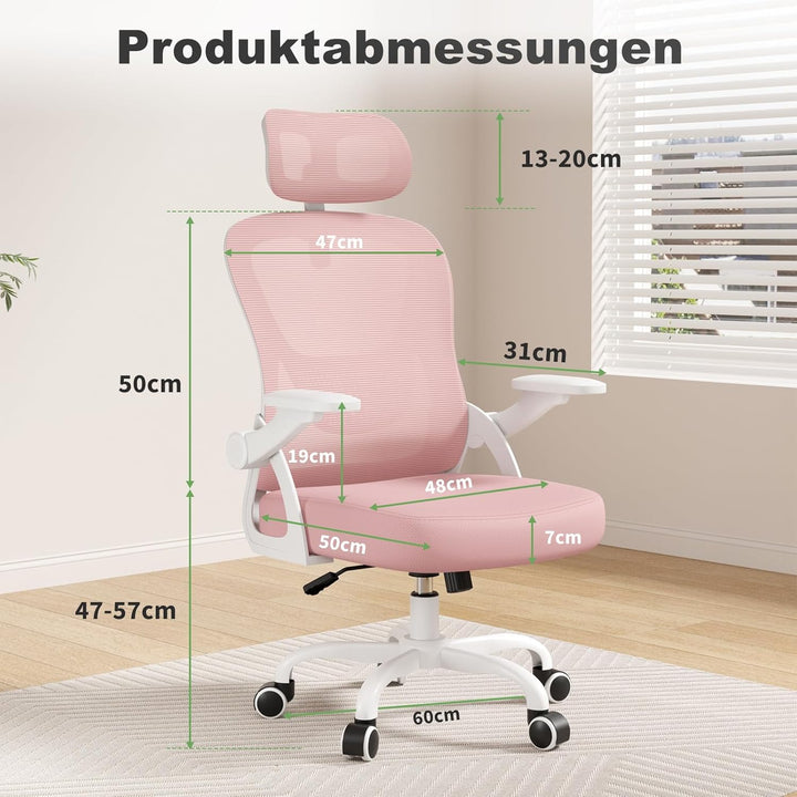 rattantree Bürostuhl Ergonomisch, Schreibtischstuhl mit Hochklappbaren Armlehnen, Kopfstütze und Rüc
