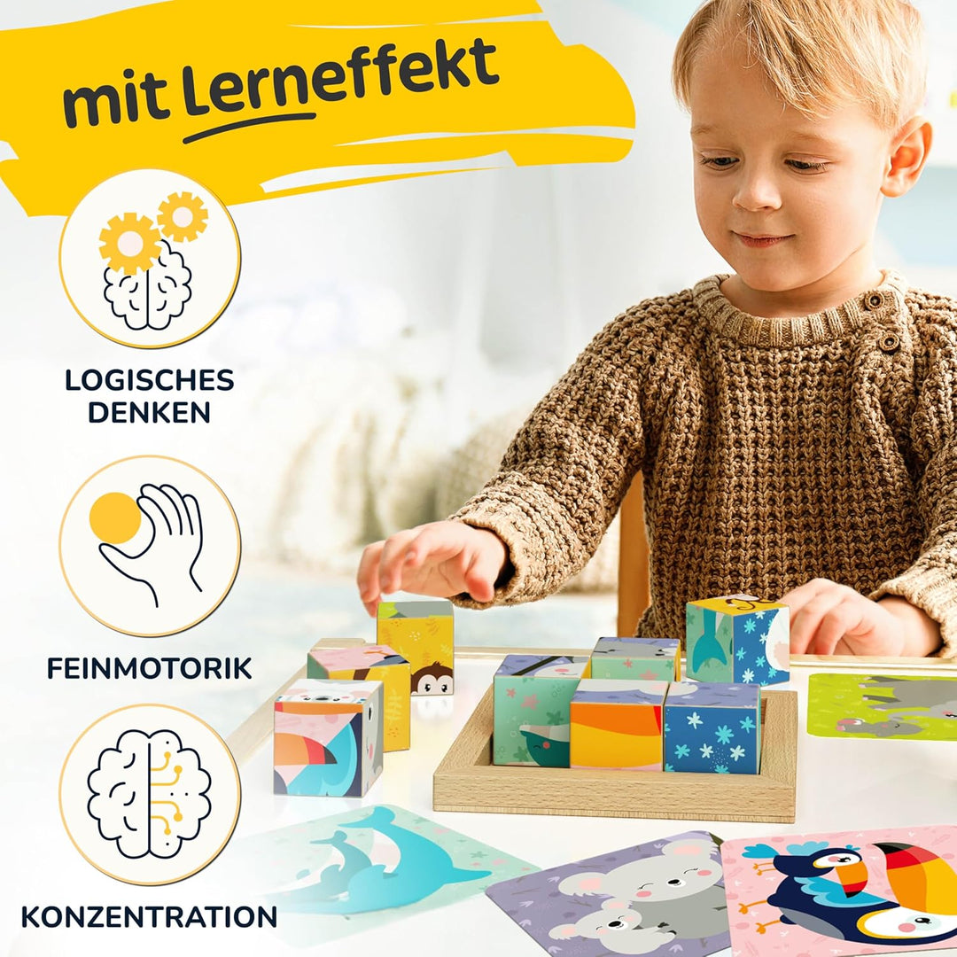 Merle Toys® 6-in-1 Würfelpuzzle ab 2 Jahre aus 100% Öko-Buchenholz, Würfelpuzzle ab 3 Jahre, Bilderw
