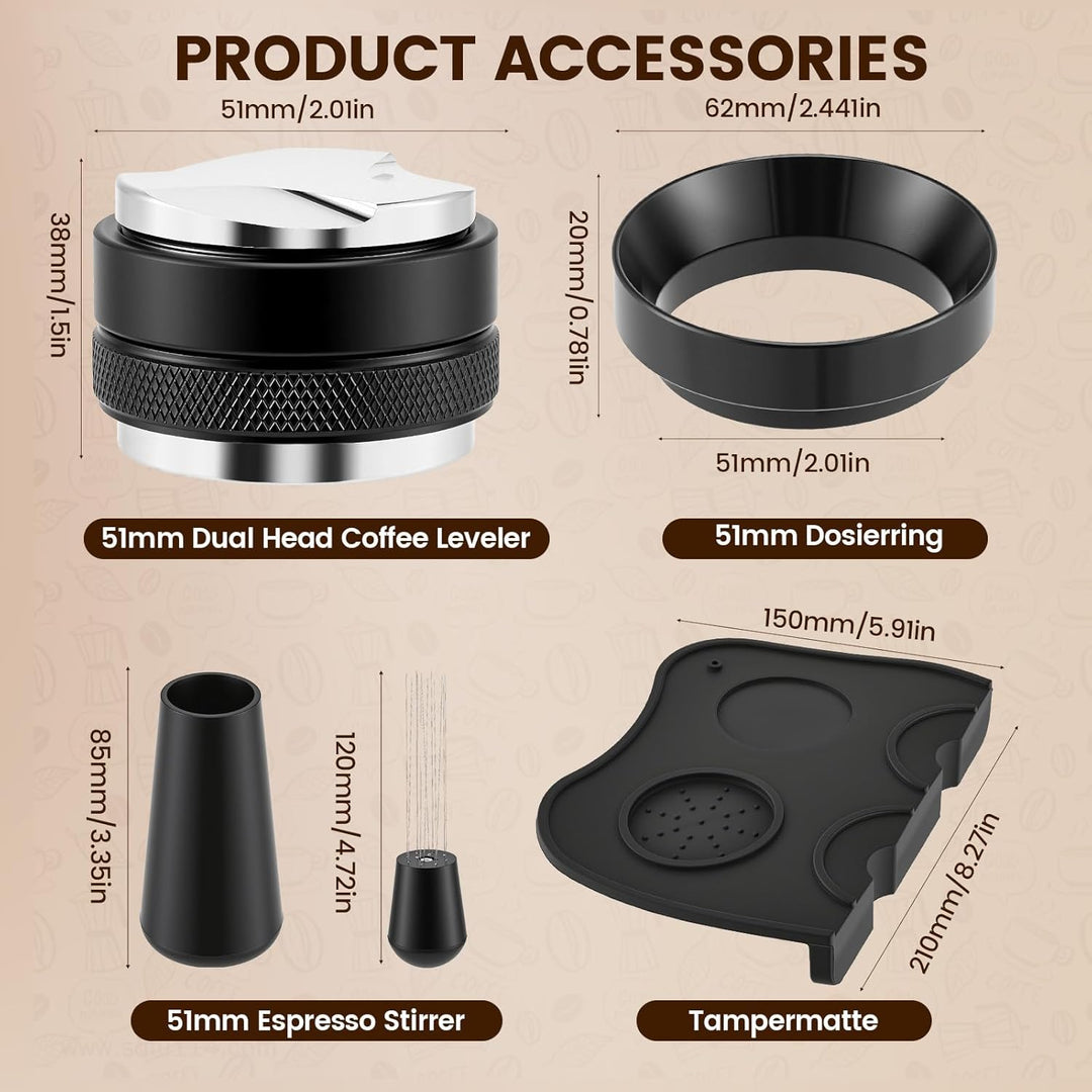 51 mm Barista Espresso Zubehör Set, 5-in-1 Siebträger-Set mit Kaffeeverteiler, Tamper & Leveler, WDT