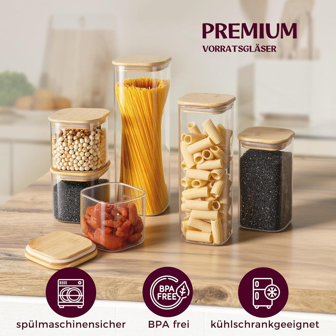 Vorratsgläser Set (2 x 2300 ml) Eckige Vorratsbehälter mit Holzdeckeln - 10x10x30 cm - Vorratsdosen