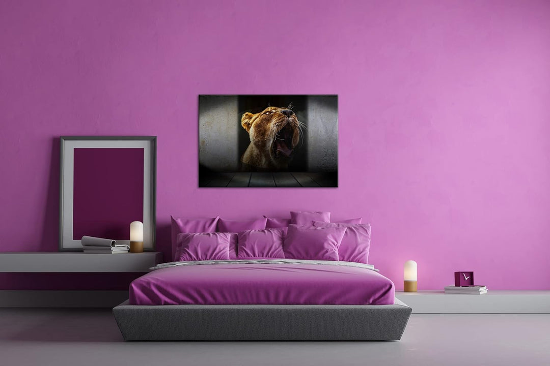 deyoli brüllende Löwin Format: 80x60 als Leinwand, Motiv fertig gerahmt auf Echtholzrahmen, Hochwert