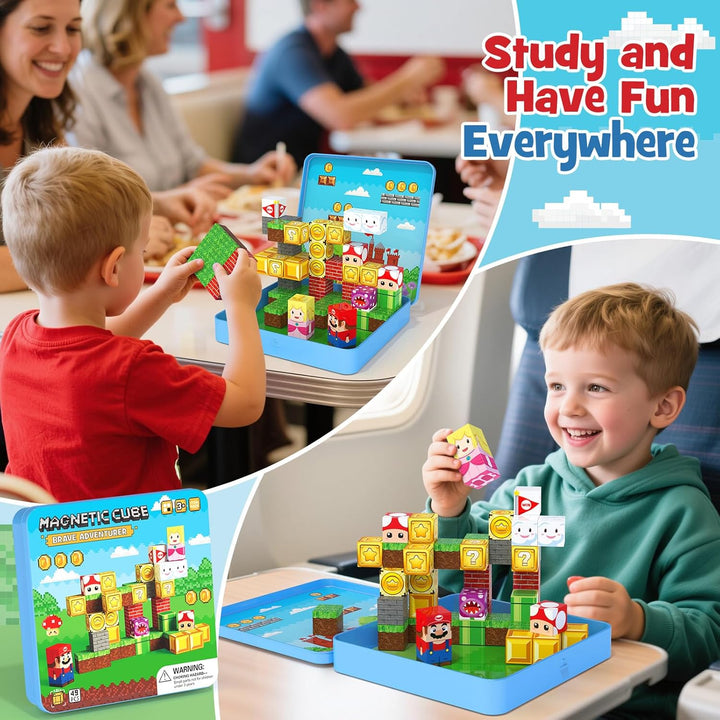 Magnetische Bausteine Reiseset, 49 Teile Magnetbausteine mit Eisenbox für Kinder, Magnetwürfel Bausp