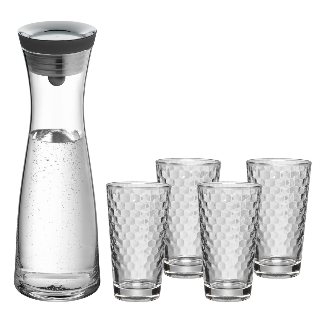 WMF Basic Wasserkaraffe-Set 5-teilig, Karaffe 1l mit 4 Wassergläser 275ml, Glaskaraffe mit Deckel, S