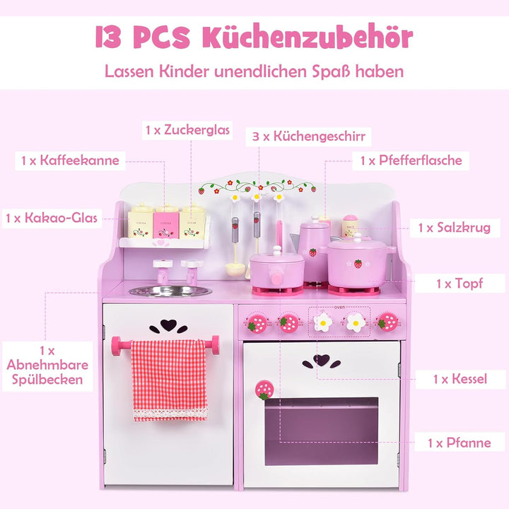 DREAMADE Kinderküche Spielküche aus Holz mit Spielzubehör, Kinderspielküche mit Waschbecken Herd Bac