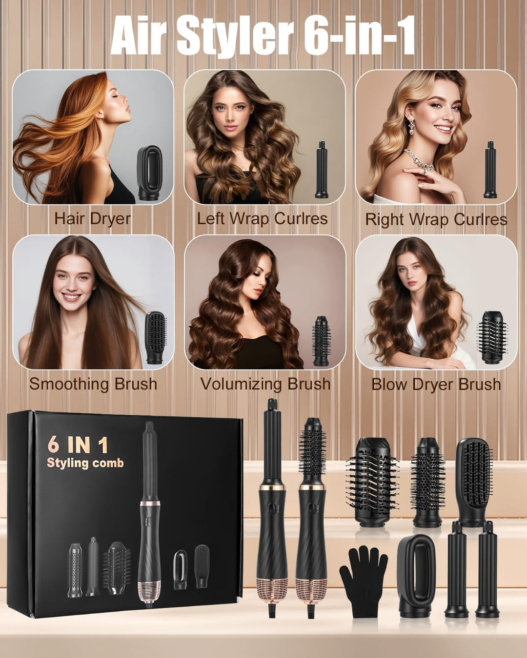 Hairstyler 6 in 1 Air Styler Set Mit 1000W Haartrockner, Rundbürstenföhn, Airflow Lockenstab Automat
