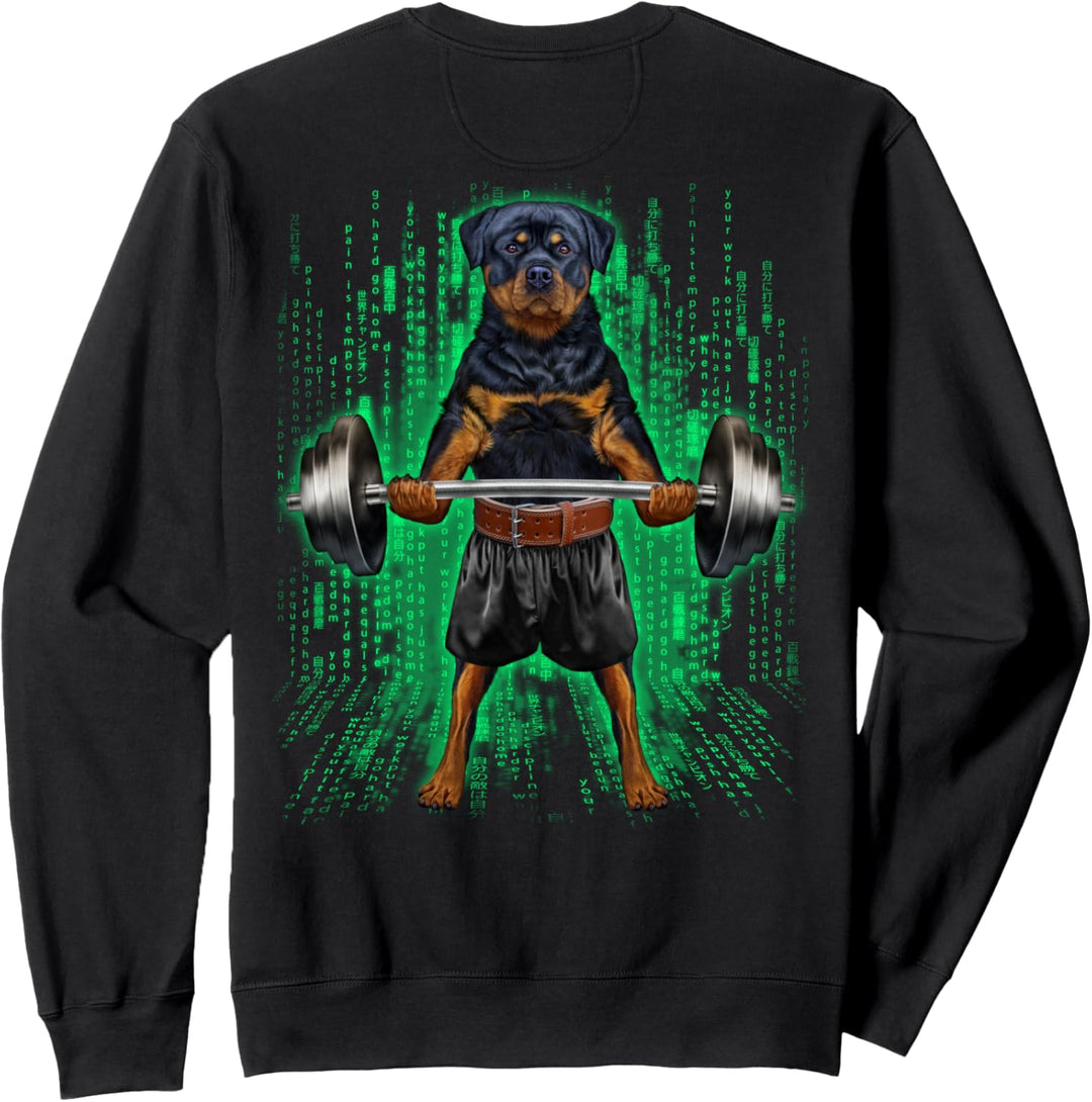 Rottweiler Hund, der Gewichte im Cyber-Fitnessstudio hebt Sweatshirt
