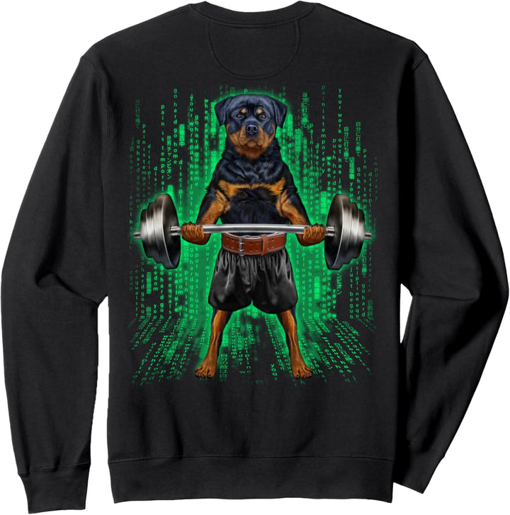 Rottweiler Hund, der Gewichte im Cyber-Fitnessstudio hebt Sweatshirt