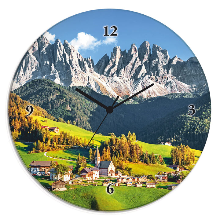 ARTLAND Wanduhr ohne Tickgeräusche Glas Funkuhr Ø 30 cm Rund Lautlos Alpen Landschaft Berge Natur Fr