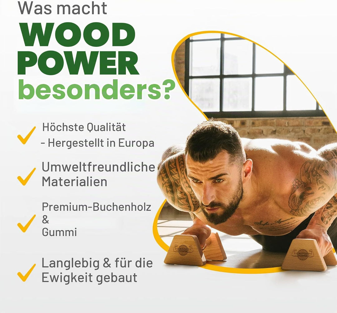 woodpower PowerBars Holz-Parallettes gelenkschonende Liegestützgriffe, Handstand-Barren &amp; Minibarren