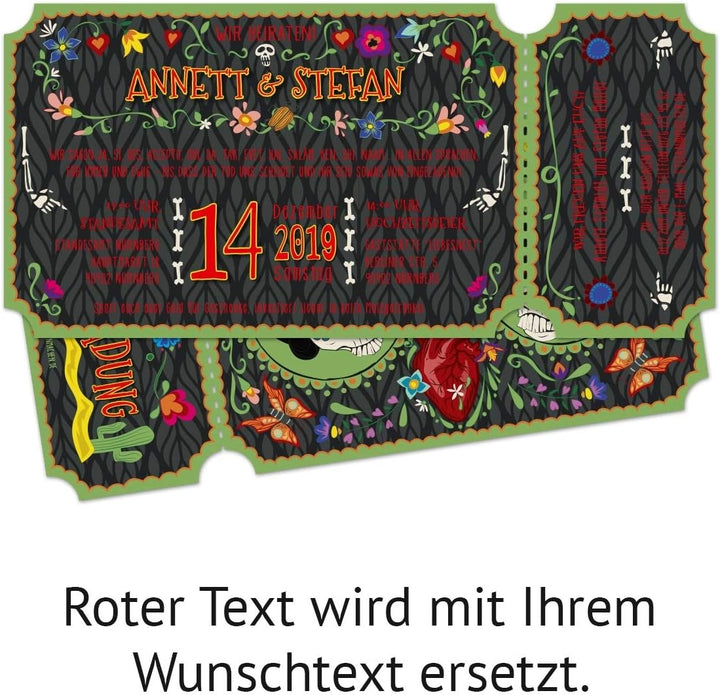 50 x Lasergeschnittene Hochzeitseinladungen DIN Lang individuell - Sugar Skull Ticket, 50