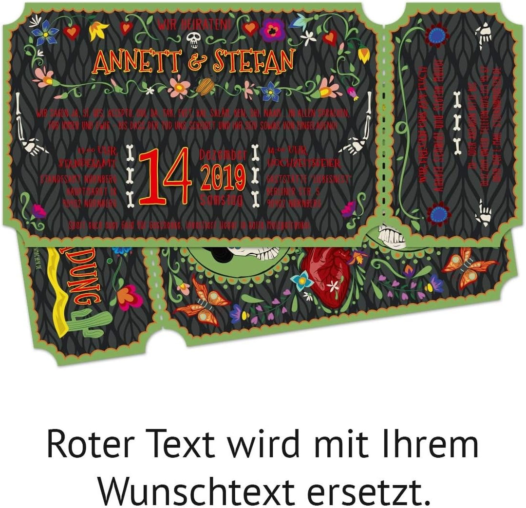 40 x Lasergeschnittene Hochzeitseinladungen DIN Lang individuell - Sugar Skull Ticket, 40