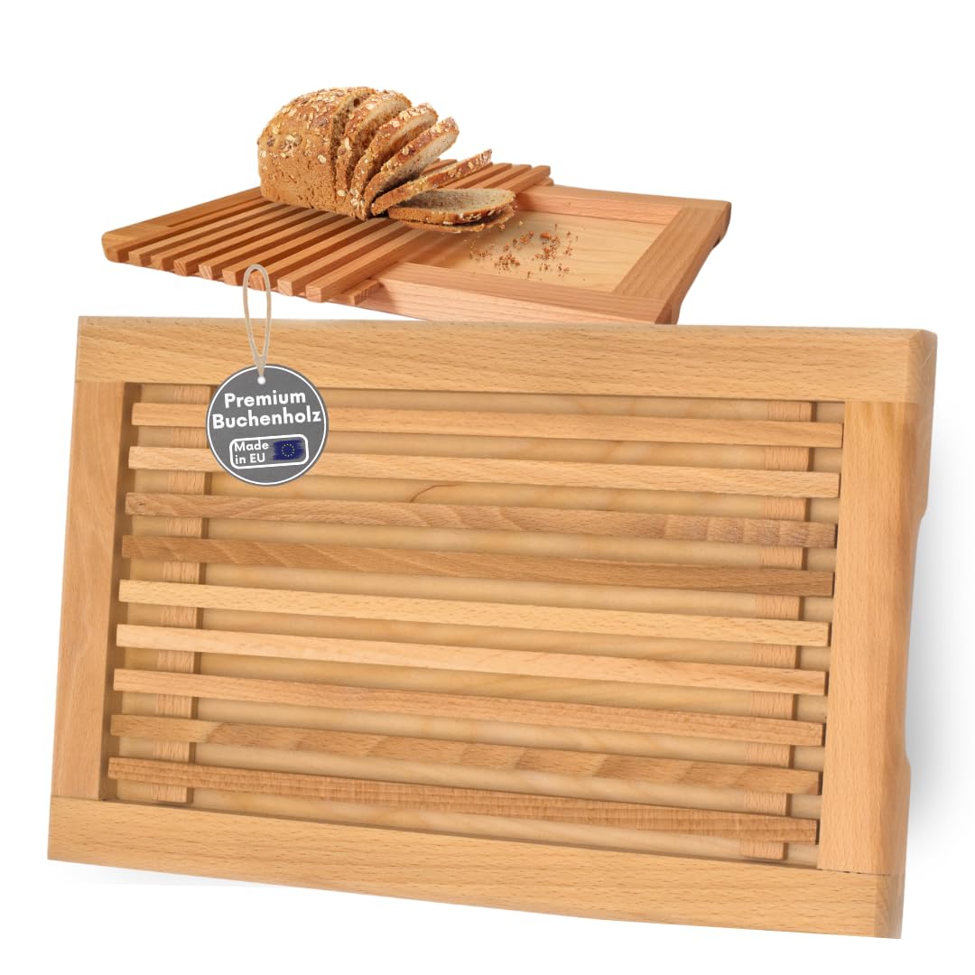 Brotschneidebrett Made in EU mit Krümelgitter & Griffmulden aus Buchenholz geölt - 40x25 cm, Schneid
