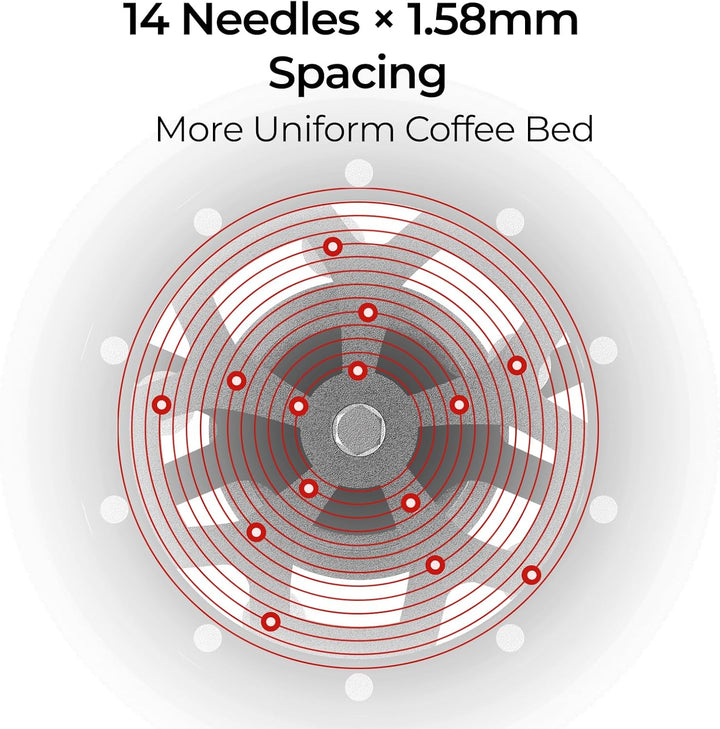 IKAPE 51 mm WDT-Tool für Espresso – 0,25 mm Verteilerwerkzeug mit 14 Nadeln, EIN-Tasten-Automatik-Ro