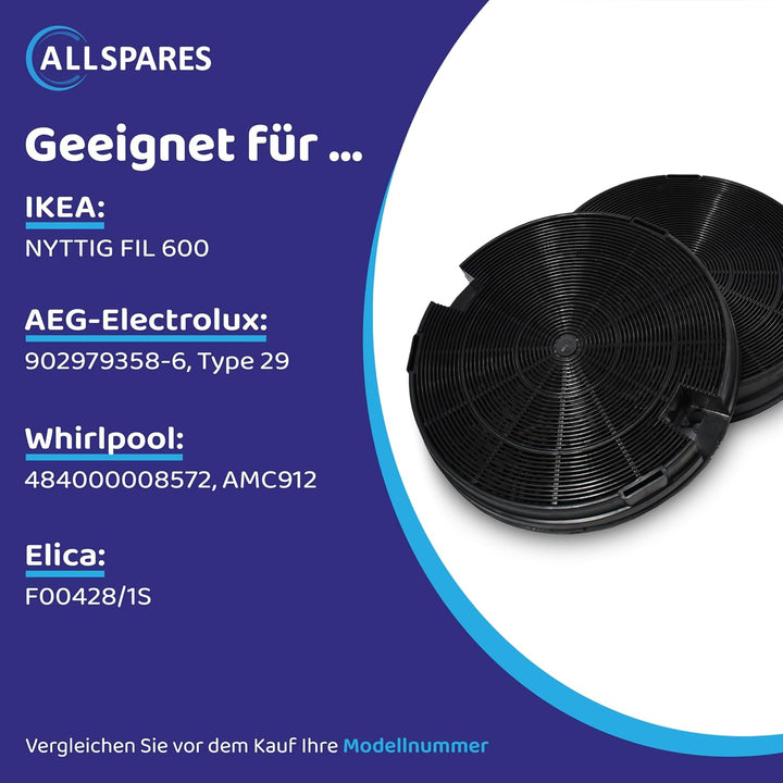 AllSpares Aktivkohlefilter (x2) für Dunstabzugshauben geeignet für AEG-Electrolux 902979358-6 / Type
