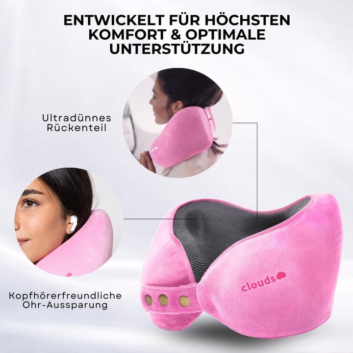 CLOUDS Nackenkissen Flugzeug & Auto – Einstellbares Memory Foam Reisekissen in 2 Grössen für Erwachs
