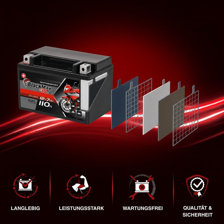 BlackMax YTX7A-BS Motorradbatterie GEL 12V 7Ah CTX7A-BS JMTX7A-BS Batterie 50615 7Ah - 110A - YTX7A-