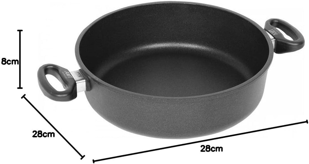 AMT Gastroguss Schmortopf, Ø 28 cm, 8 cm hoch, Bratpfanne mit zwei Seitengriffen, nicht induktionsta