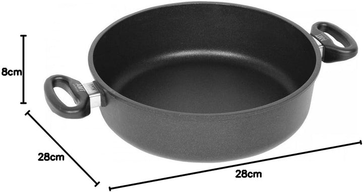 AMT Gastroguss Schmortopf, Ø 28 cm, 8 cm hoch, Bratpfanne mit zwei Seitengriffen, nicht induktionsta