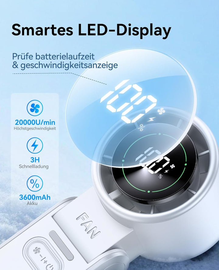 KIMMOO 3-in-1 Turbo-Handventilator – 100 Geschwindigkeiten, 20000 U/min, 12 Std. Kühlung, Digitaldis