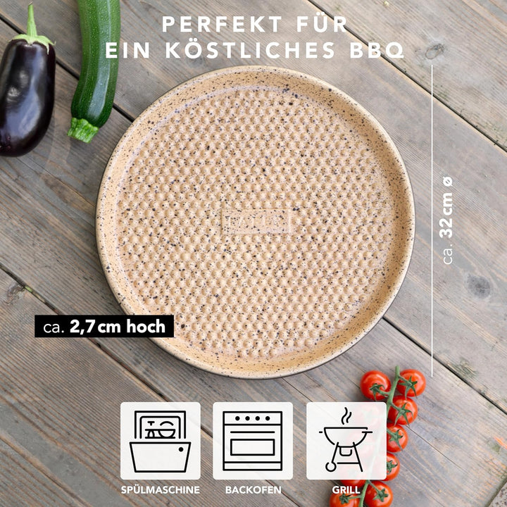 Römertopf BBQ Plancha Grillplatte mit Grillnoppen Ø 31,5 cm Feuerplatte aus naturton Ton, Ø 31,5 cm