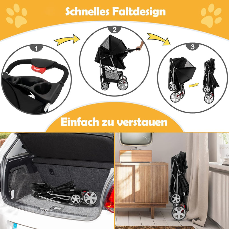 COSTWAY Hundewagen Haustiere Buggy bis 15kg, Hundebuggy mit Netzfenstern & Getränkehalter & Anhänger