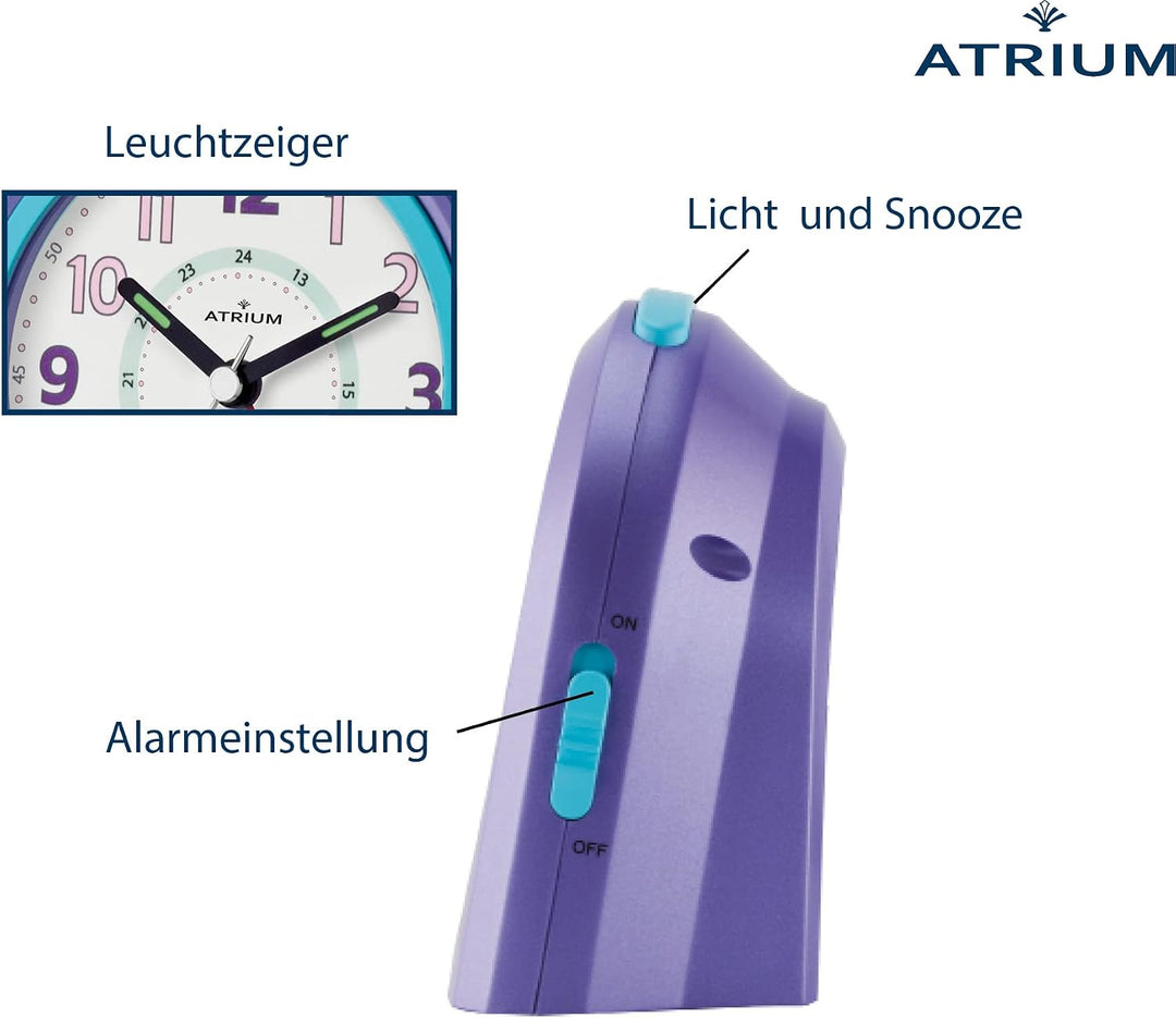 Atrium Kinderwecker Jugendwecker Analog Quarz mit Licht, Snooze &amp; schleichende Sekunde - leise ohne
