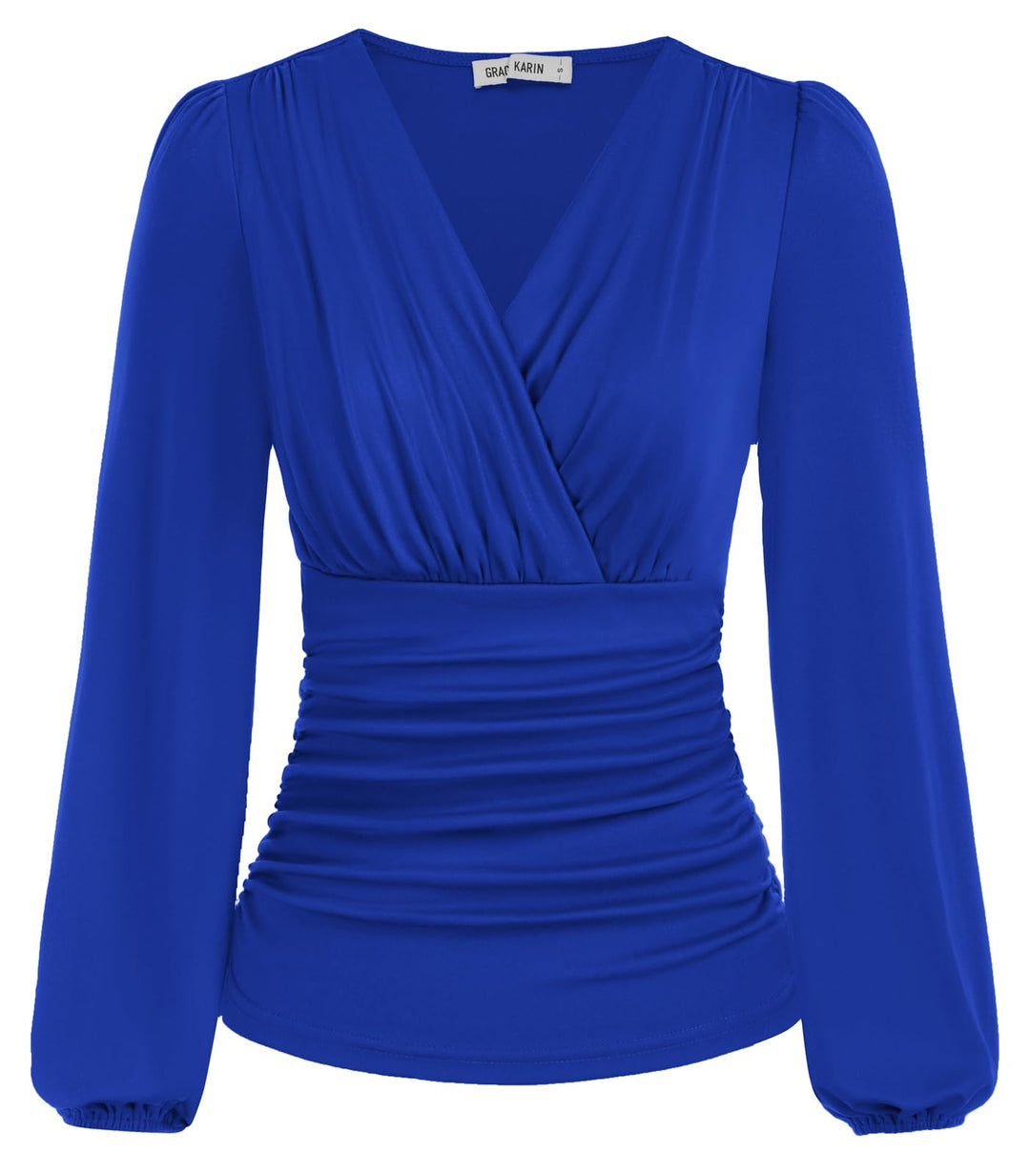 GRACE KARIN Damen V-Ausschnitt Bluse Elegant Wickelbluse Laterne Langarm Slim Fit Plissee-Top Tunika