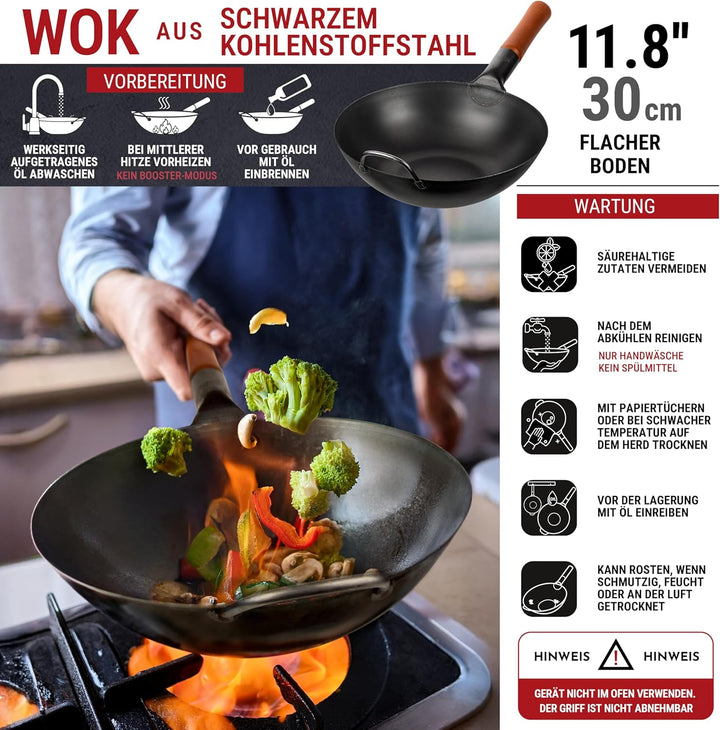YOSUKATA Wokpfanne aus Karbonstahl – 30 cm Woks und Rührpfannen – Chinesischer Wok mit flachem Boden