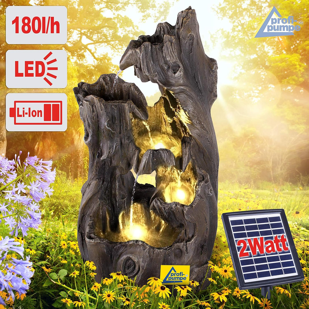 AMUR Solar Gartenbrunnen Brunnen Solarbrunnen Wald-ZAUBER mit LED-Licht, Zierbrunnen Wasserfall Gart