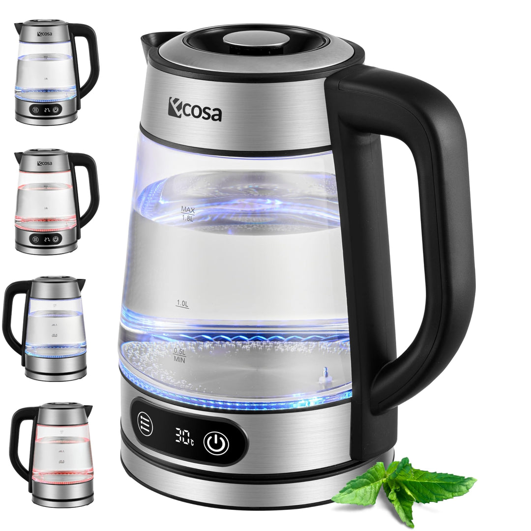 Ecosa® Glas Wasserkocher mit Temperatureinstellung 1,8 Liter 2.200 Watt Edelstahl mit Temperaturwahl