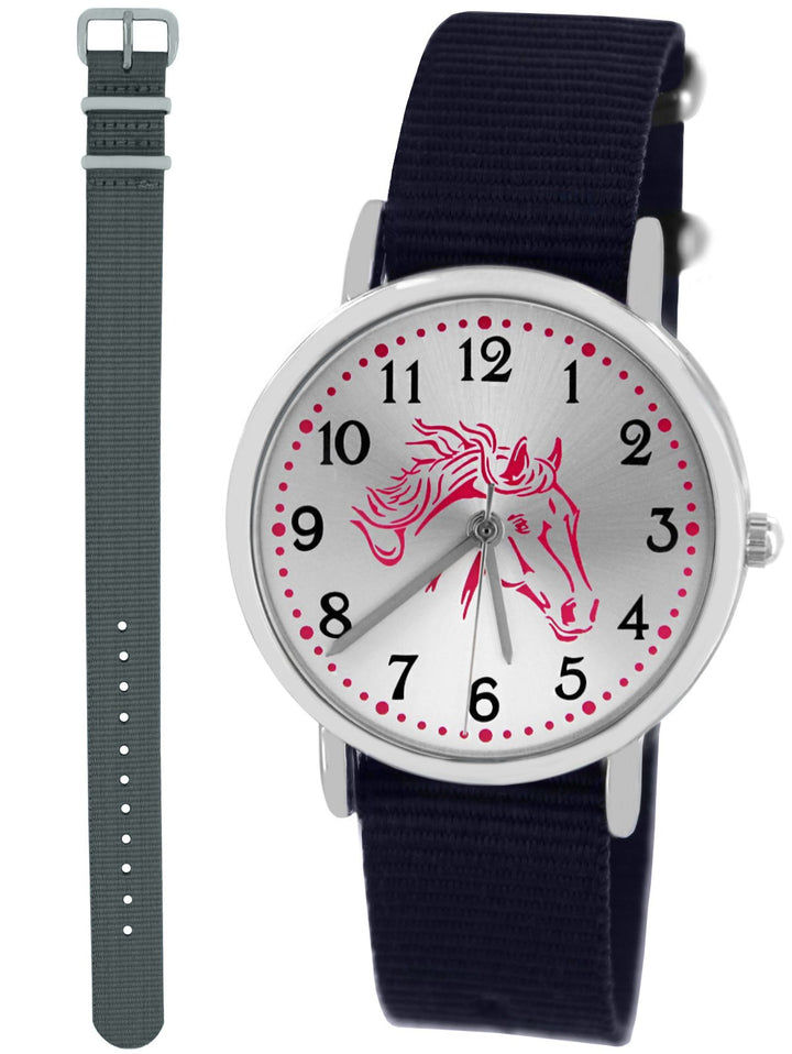 Pacific Time Mädchen Armbanduhr Uhr Pferd Pferdemotiv analog Quarz 2 Textilarmband Blau Grau 10021
