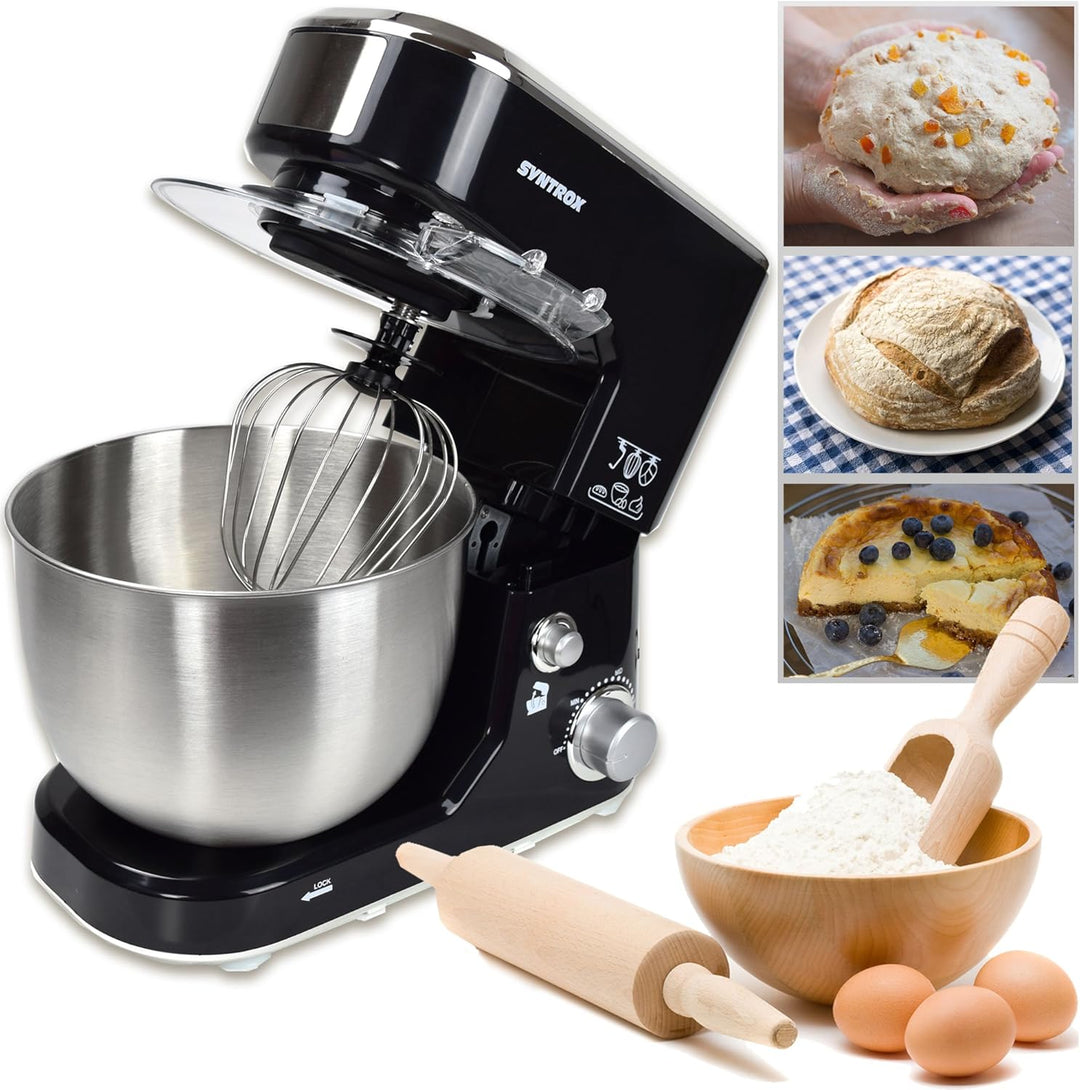 Syntrox Germany KM-1000W Küchenmaschine Knetmaschine Mixer, Edelstahl-Behälter, 5 Liter, schwarz