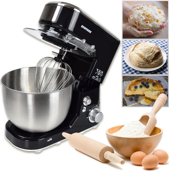Syntrox Germany KM-1000W Küchenmaschine Knetmaschine Mixer, Edelstahl-Behälter, 5 Liter, schwarz