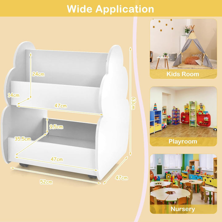 HOMASIS Kinder Bücherregal Spielzeugregal mit 2 Fächern, Holz Kinderregal Standregal mit 4 Rädern, n