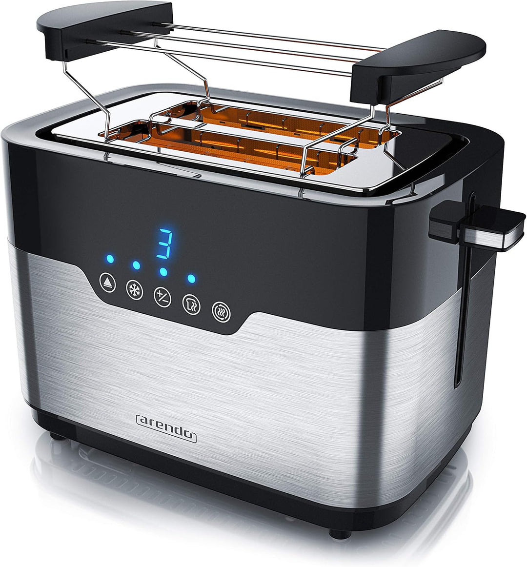 Arendo - Toaster 2 Scheiben Edelstahl - Touchdisplay – mit Brötchenaufsatz - extra breite Schlitze –