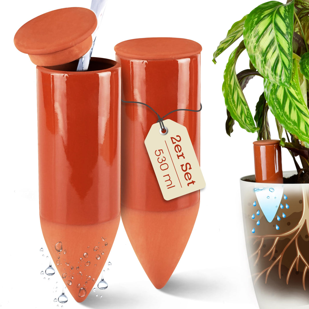 Terracotta Giesshilfe (2X 530 ml) handgefertigt für Bewässerung Zimmerpflanzen | Wasserstandsanzeige