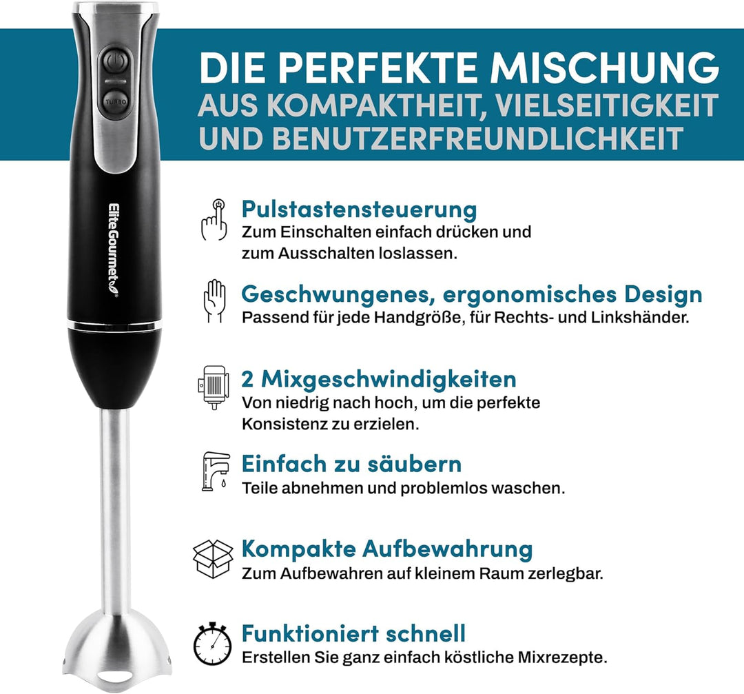 Elite Gourmet EHB1015 Stabmixer, 500 W, 2 Geschwindigkeiten, mit Edelstahlklingen, abnehmbarer Mixko