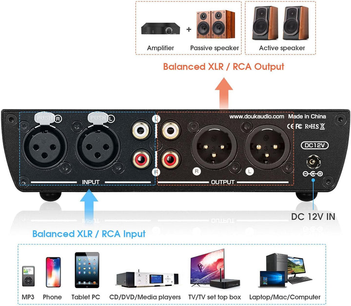Douk Audio T7 7-Band Equalizer, Ausgewogener XLR/RCA Vorverstärker für Heimverstärker
