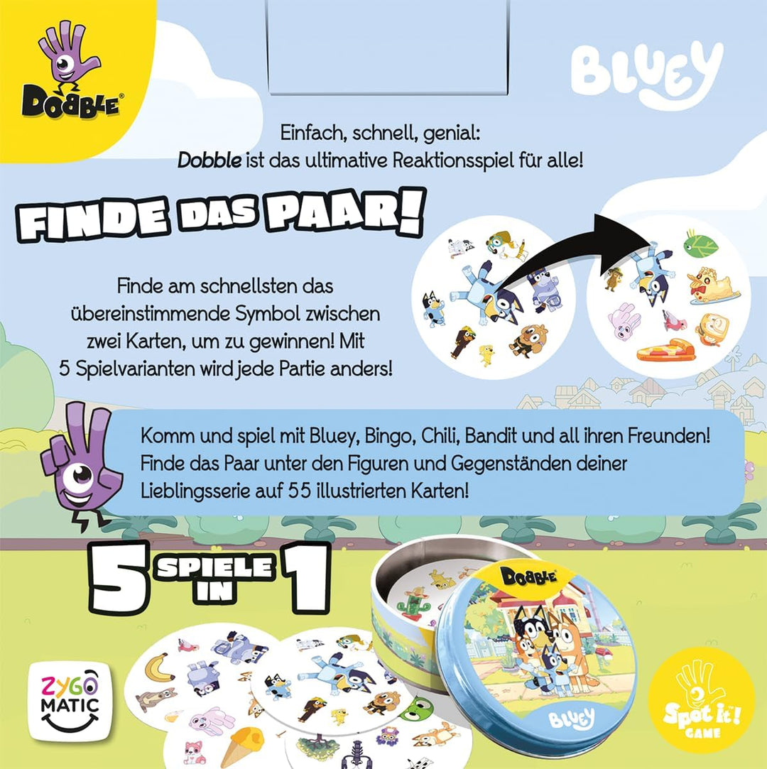 Asmodee, Dobble Bluey, DE-Version, Familienspiel für 2-8 Spieler ab 6 Jahren, Schnelles Reaktionsspi
