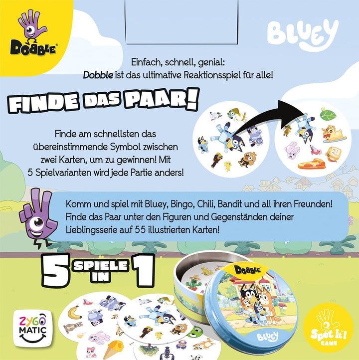 Asmodee, Dobble Bluey, DE-Version, Familienspiel für 2-8 Spieler ab 6 Jahren, Schnelles Reaktionsspi