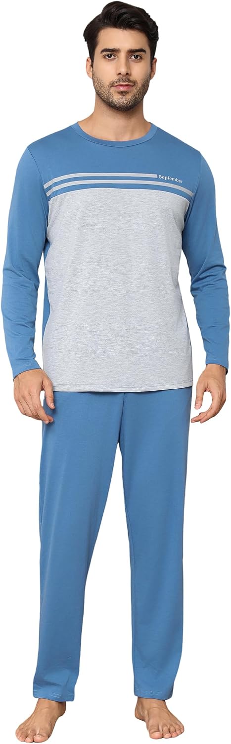 Schlafanzug Herren Lang Pyjama Winter Baumwolle Nachtwäsche Set Männer mit Knöpfen XXL Blau_1, XXL B