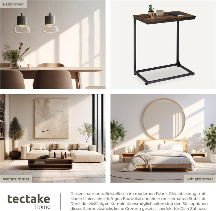 tectake® Beistelltisch Holz Metall, Wohnzimmertisch, Couchtisch C-Form, Laptoptisch für Couch, Bettt