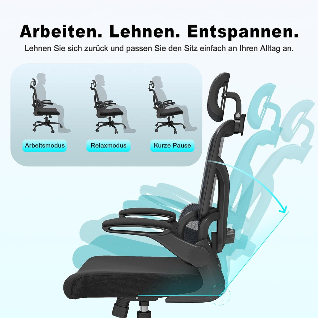 Ergonomischer Bürostuhl – Verstellbare Kopfstütze, Armlehnen &amp; Lordosenstütze, 360°-Drehfunktion, 15