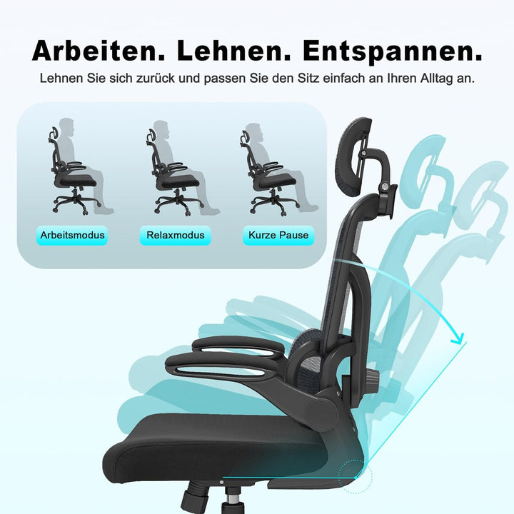 Ergonomischer Bürostuhl – Verstellbare Kopfstütze, Armlehnen &amp; Lordosenstütze, 360°-Drehfunktion, 15
