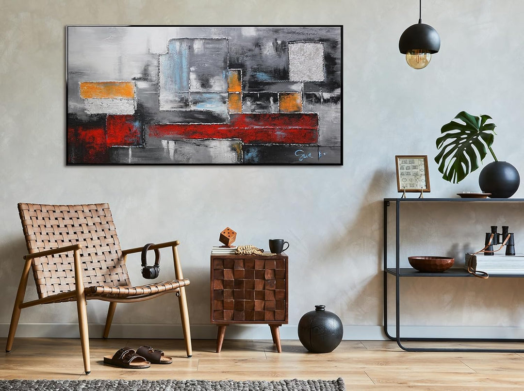 YS-Art Abstrakt Acryl Gemälde auf Leinwand Abstraktion in rot-grauen Farben handgemalt Wandbilder Wo