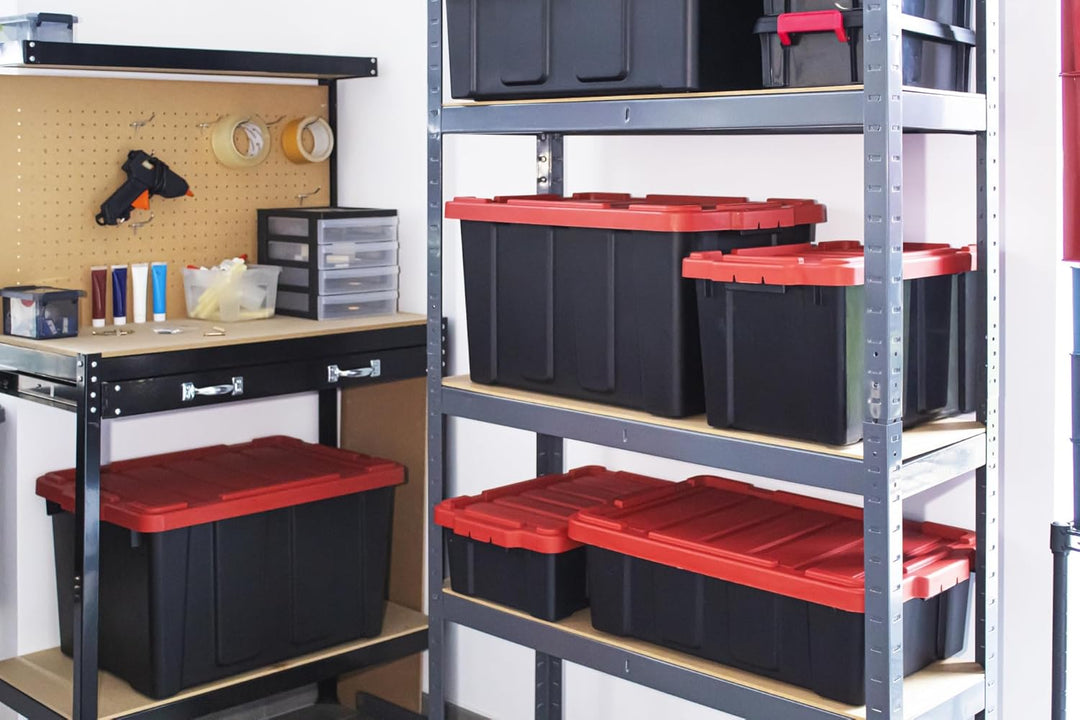 Iris Ohyama Heavy Duty Organisation Boxes, 43L, 4er-Set, Rot, Gross, Robust, Stapelbar, Aufbewahrung