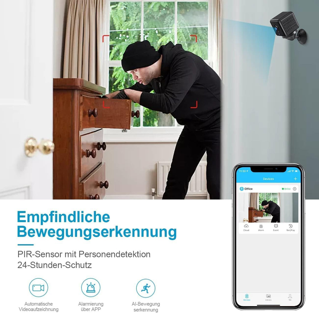 AOBOCAM Mini Kamera, 4K HD WLAN Überwachungskamera Innen WiFi Kamera Live Übertragung Handy APP Für