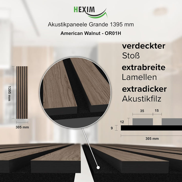 HEXIM Akustikpaneele 2 Stück 140x30cm Holz Grande - Wandpaneele Platten Lamellen Holzpaneele Echthol