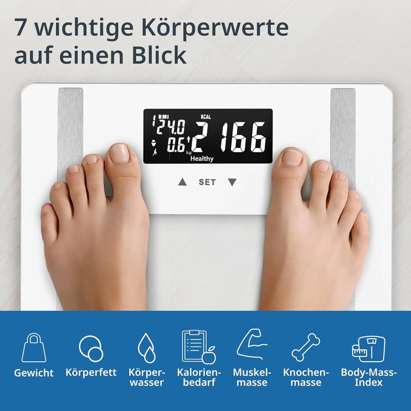 ADE Digitale Körperfettwaage bis 200 kg | Personenwaage für Körperfett, BMI, Muskelmasse, Körperwass