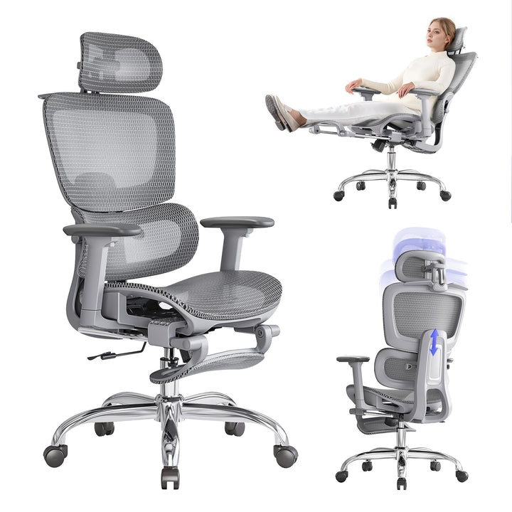 Ergonomischer Bürostuhl mit Fussstuhl & 3D Armlehnen - Gaming Stuhl mit 5-Fach Höhenverstellung, 2D